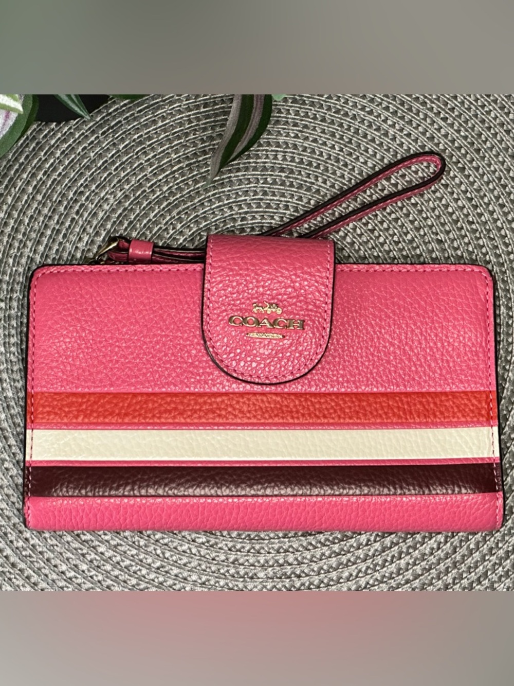Coach Pink Multi-Stripe Leather Wristlet Tech Wallet